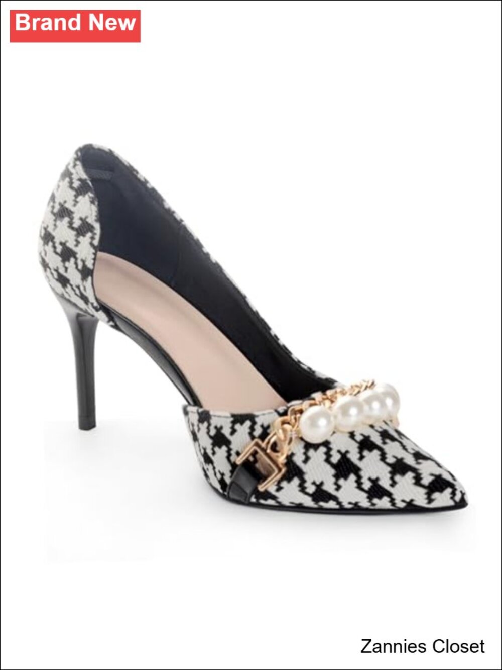 ✨ Women's High Stiletto Heels Houndstooth Pearl Chain Pointed Toe Dressy Pumps